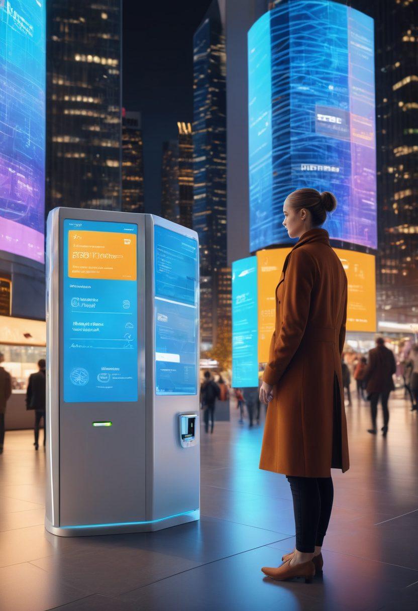 A modern individual confidently using a smart card for insurance verification at a sleek digital kiosk, surrounded by glowing icons representing various insurance services. The background features a futuristic cityscape with people engaging in seamless transactions. Emphasize bright, inviting colors and a sense of innovation and accessibility. super-realistic. vibrant colors. 3D.