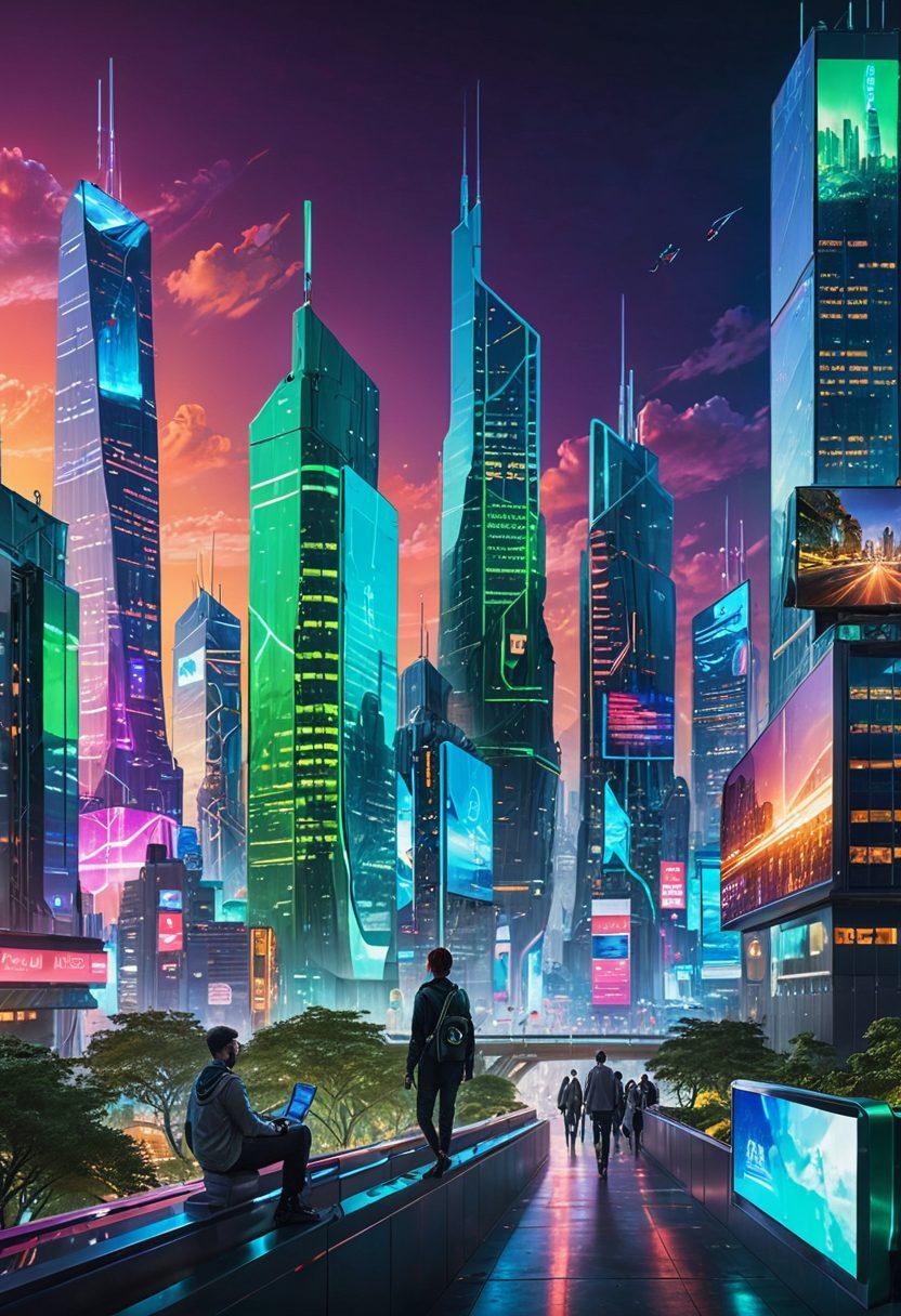 A futuristic city skyline with innovative insurance billboards showcasing digital policies. An abstract representation of diverse people happily engaging with their devices, symbolizing online insurance accessibility. Incorporate elements like holographic interfaces and green spaces, reflecting a sustainable future. The scene should emanate a sense of security and progress. vibrant colors. 3D. cyberpunk.