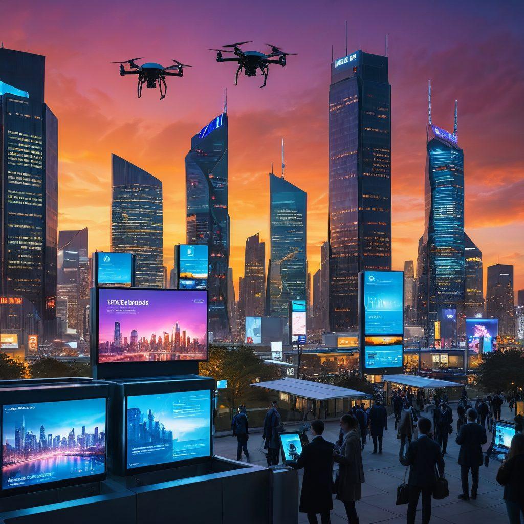 A futuristic city skyline at sunset with digital billboards showcasing web-based insurance services, diverse people using smartphones and tablets to access these services in a park, flying drones delivering documents, and holographic displays of insurance quotes in the foreground. The scene exudes innovation and community engagement. vibrant colors. cyberpunk.